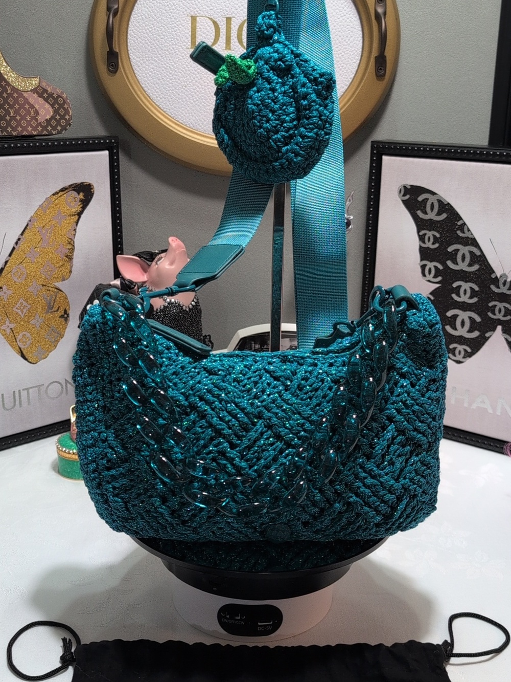 Kurt Geiger London Crochet Crossbody - Metallic Emerald Green- Teal Eagle Head🔥
